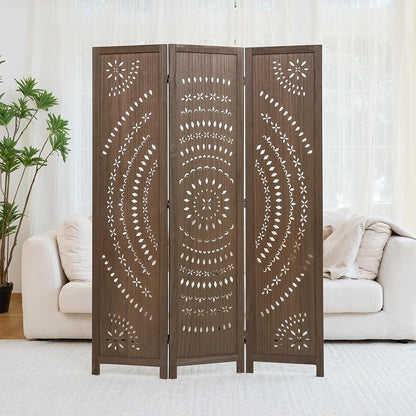 66.9inch folding room divider, 3 panels wood carved, front angle view