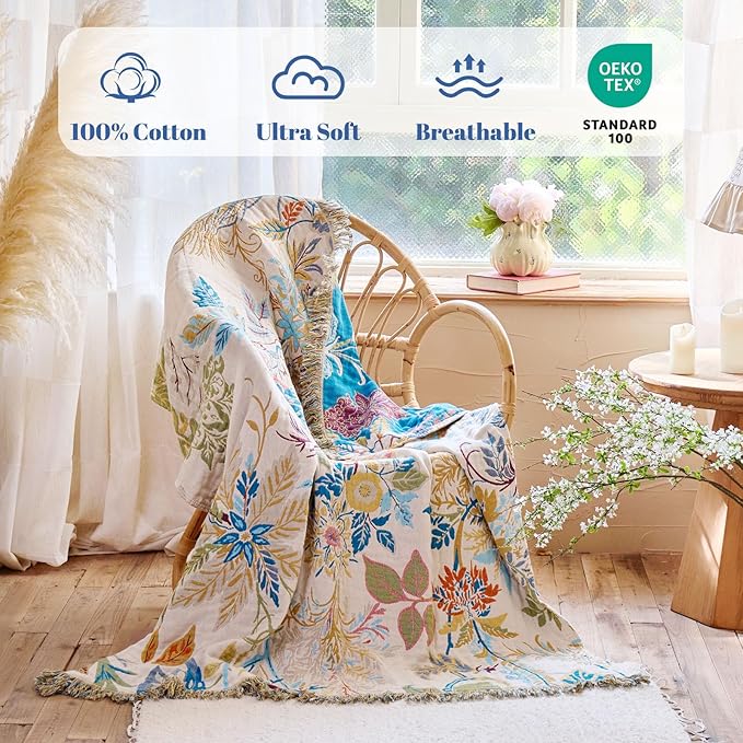 MSGKV Boho Throw Blanket for Couch Cotton Floral Blanket 50"x60" Throws for - Image 2