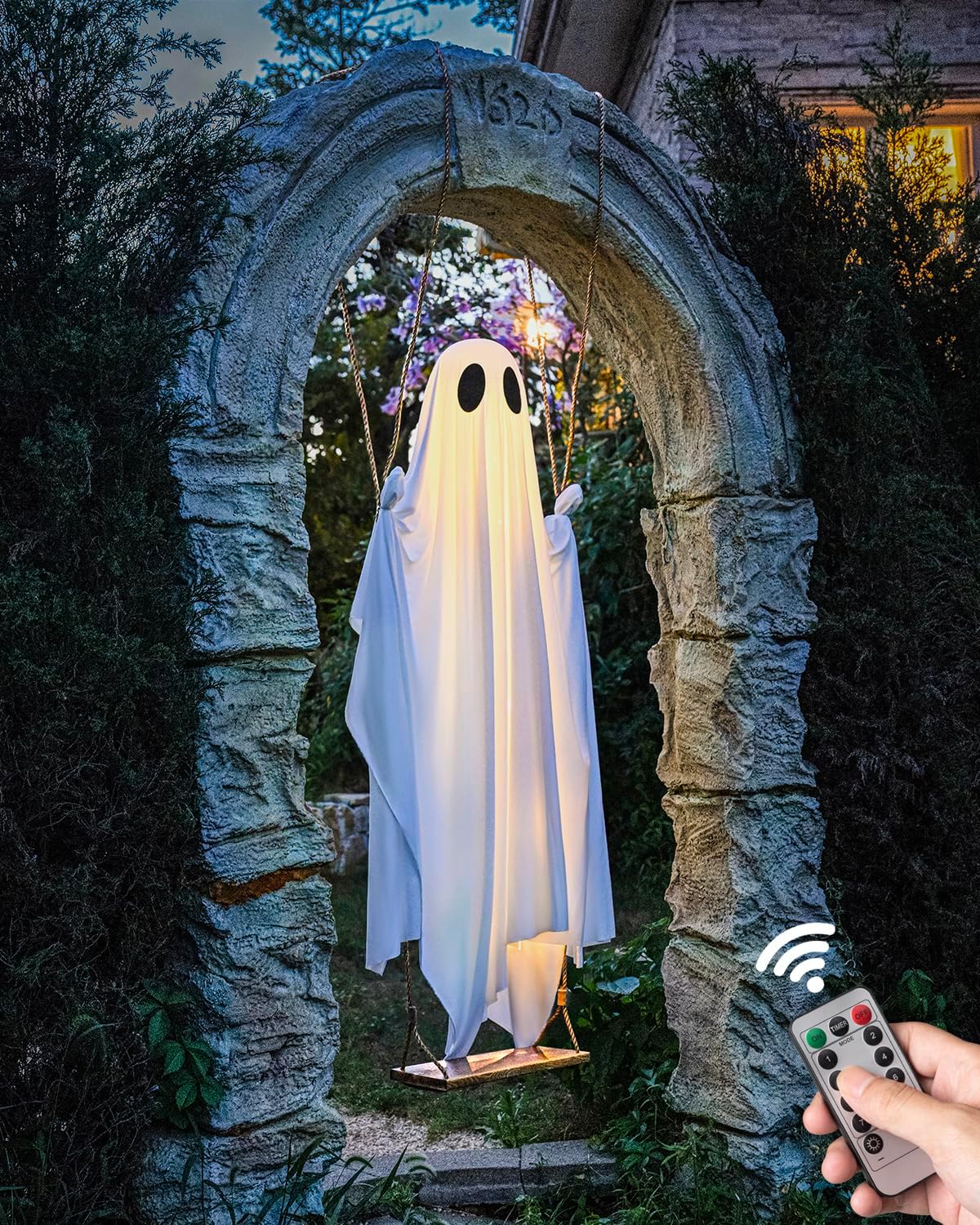 Halloween Decorations Outdoor - 5 FT Large Hanging Swing Ghost Halloween Decor with String Lights, Spooky Cute Ghosts Decorations for Front Porch Yard Tree