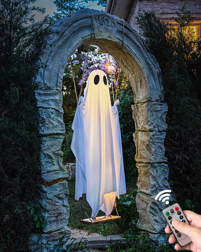 Halloween Decorations Outdoor - 5 FT Large Hanging Swing Ghost Halloween Decor with String Lights, Spooky Cute Ghosts Decorations for Front Porch Yard Tree