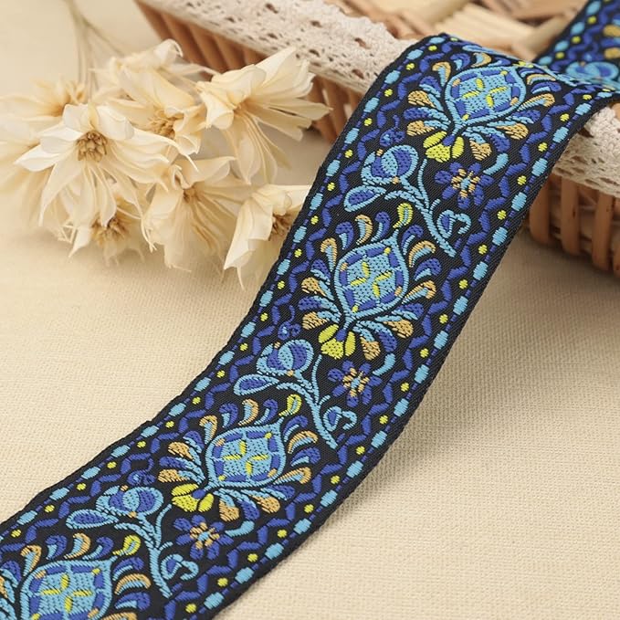 Boho Jacquard Ribbon Floral Ribbon Navy Embroidery Jacquard Trim by AIETSYEI