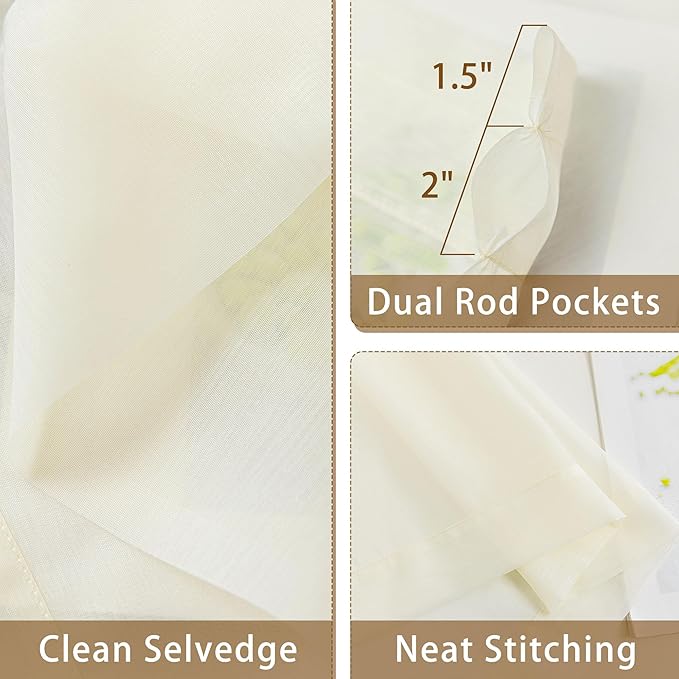 Ivory Sheer Curtains 108 Inches Extra Long, Privacy Semi Sheer Curtains - Image 5