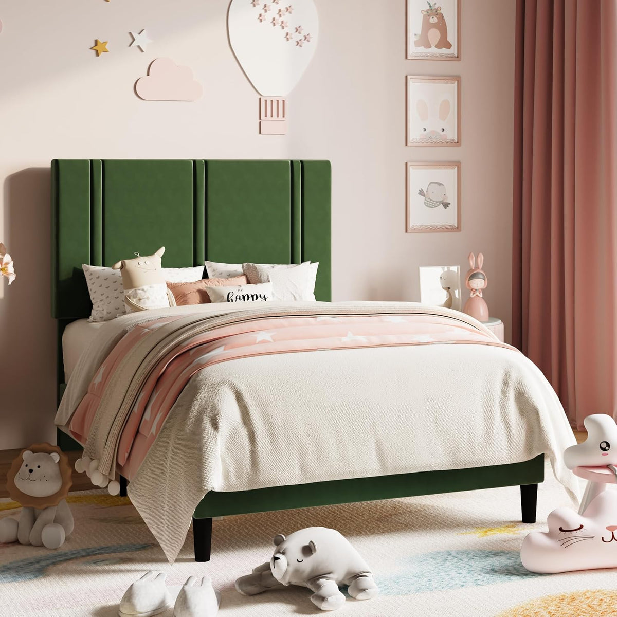 allewie twin platform bed frame with velvet upholstered, close-up detail