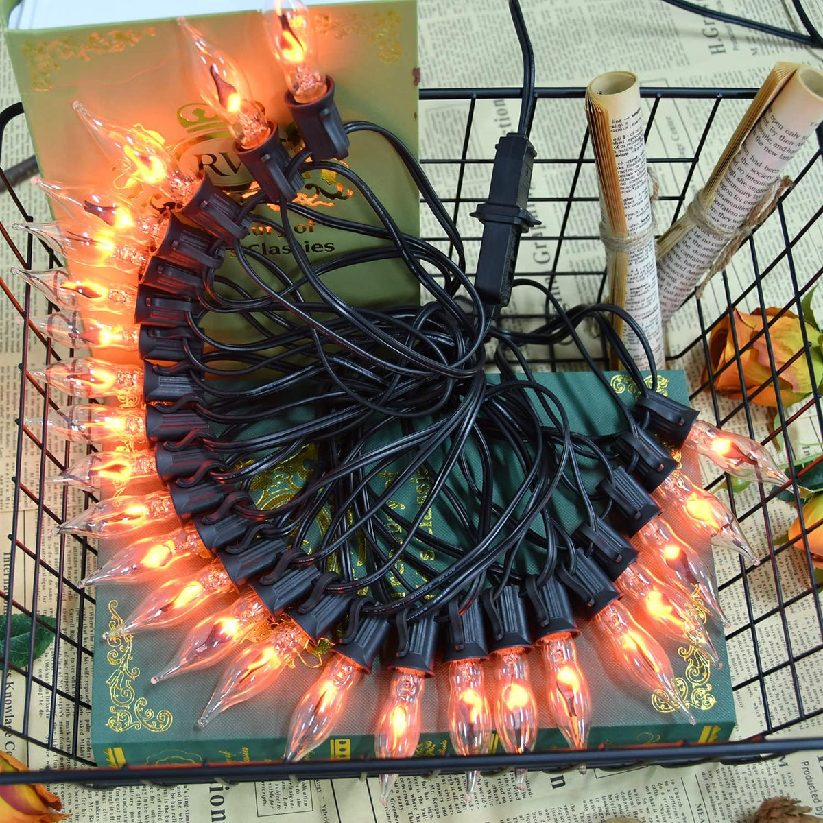 PASUTO 27.8Ft Halloween Decor Lights Flickering Flame String Lights with 25+4 Pack Clear Glass Flame Light Bulbs for Fall Decor Halloween Decorations Indoor Outdoor Home Party Fireplace, E12 Base