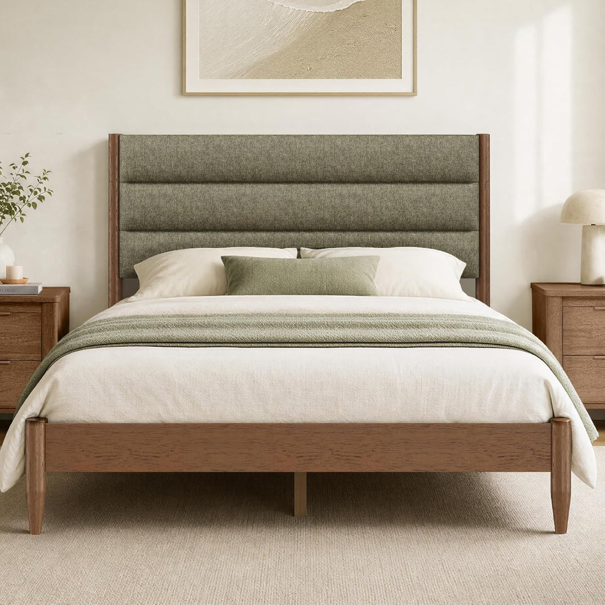 kislot wood bed frame with upholstered headboard, sage, main product view