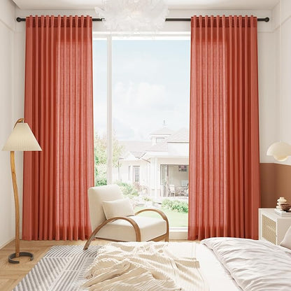 Coral Textured Linen 96 Inch Length Curtains Panels 2 Panel Set Back Tab Rod - Image 8