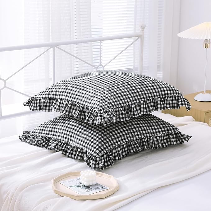 2 Pack Black White Gingham Ruffle Large Square Euro Throw Pillow Covers - Image 3