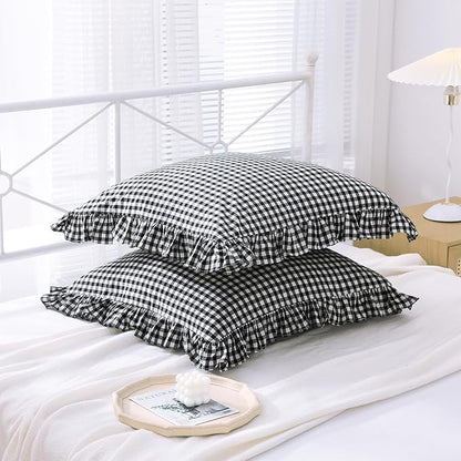 2 Pack Black and White Plaid Gingham Ruffle Euro Shams Pillow Covers, 100% - Image 3