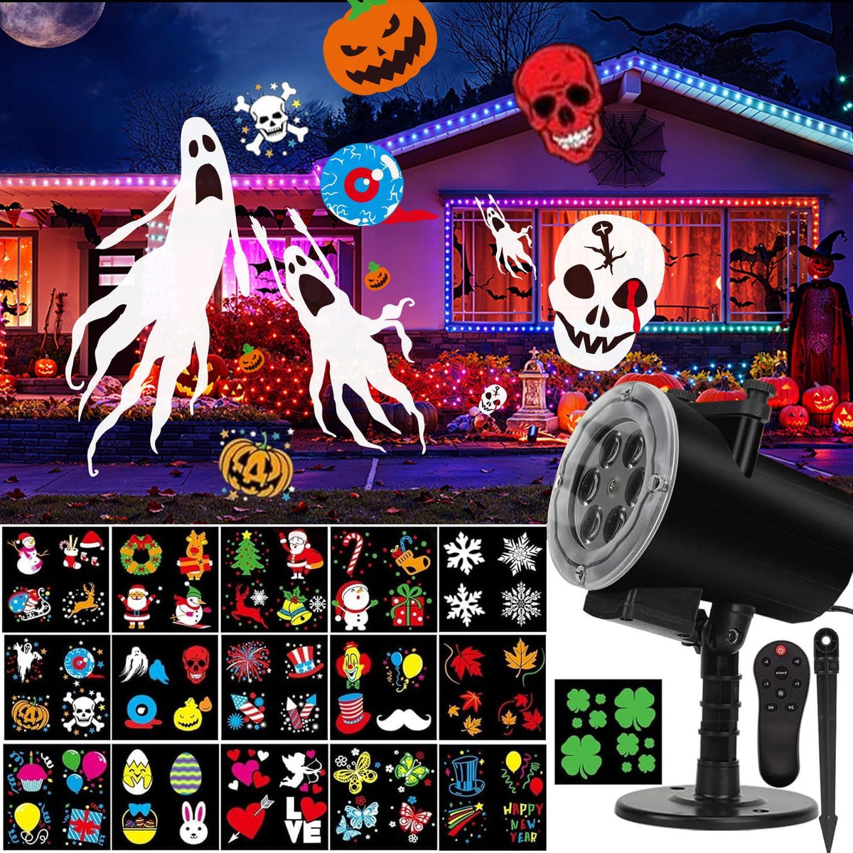 Halloween Christmas Projector Lights, Led Holiday Projector Light with 16pc Slides Patterns IP65 Waterproof Outdoor Indoor for Xmas Birthday Party