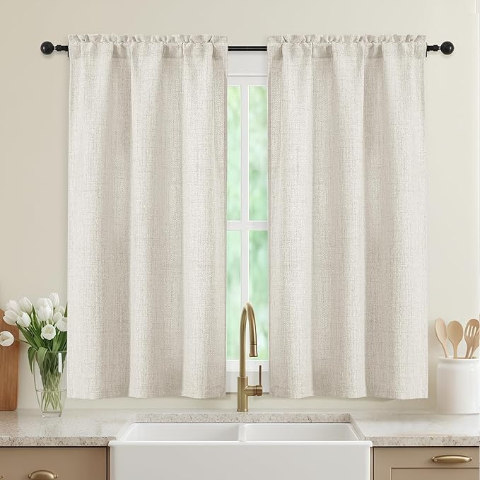 Natural Kitchen Curtains 45 Inch Length 2 Panels, Light Filtering Faux Linen by WelvetBLK