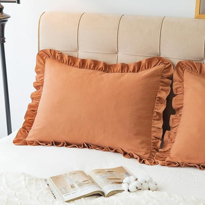 Pillow Shams Set of 2 Washed 100% Cotton Retro Ruffle Flounces Trim Solid Beige - Image 9