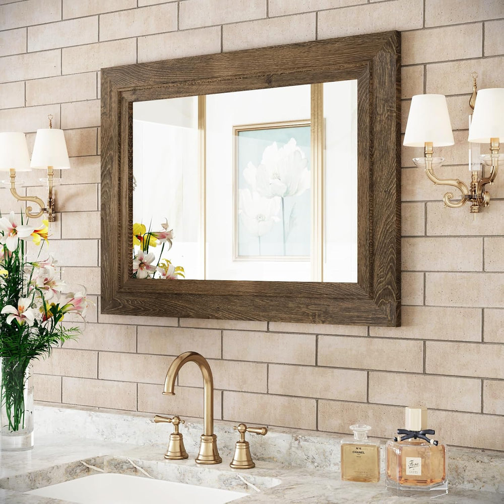 Rustic Wall-Mounted Vanity Mirror, Solid Wood Frame Bathroom Mirror, Farmhous...