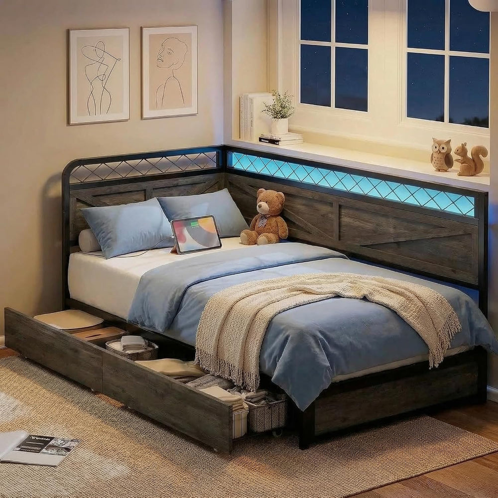 ANCTOR Corner Bed Frame Twin DayBed with Storage Drawers, Charcoal Grey