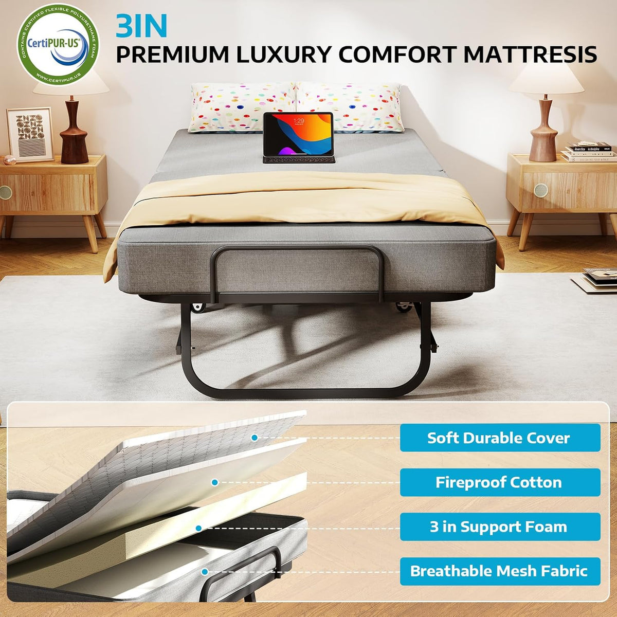 folding bed with mattress for adults, portable foldable showing dimensions