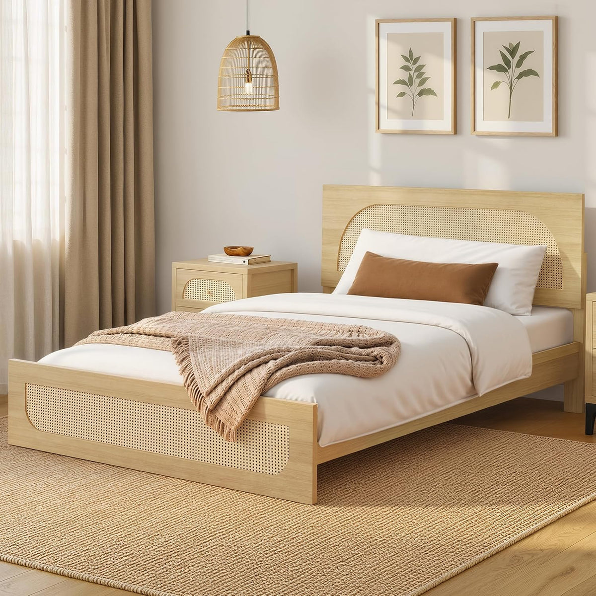 kislot boho rattan bed frame, farmhouse platform, natural, close-up detail