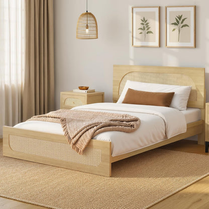kislot boho rattan bed frame, farmhouse platform, natural, close-up detail
