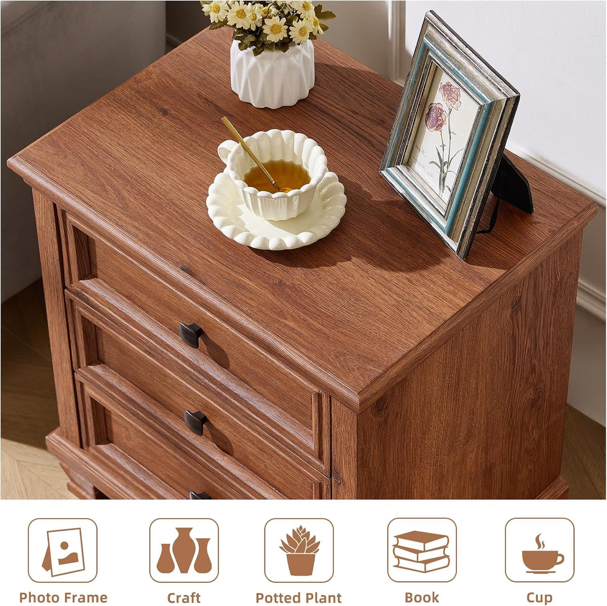 savor life 3-drawer farmhouse nightstand with solid wood showing dimensions