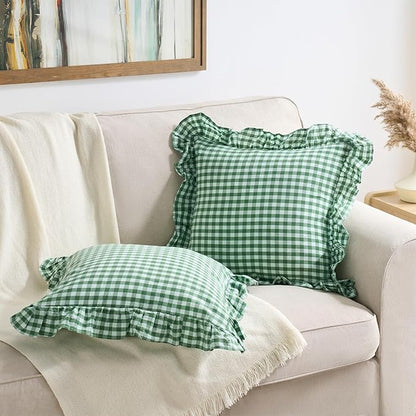 2 Pack Christmas Green White Plaid Ruffle Throw Pillow Covers, 100% Washed - Image 3