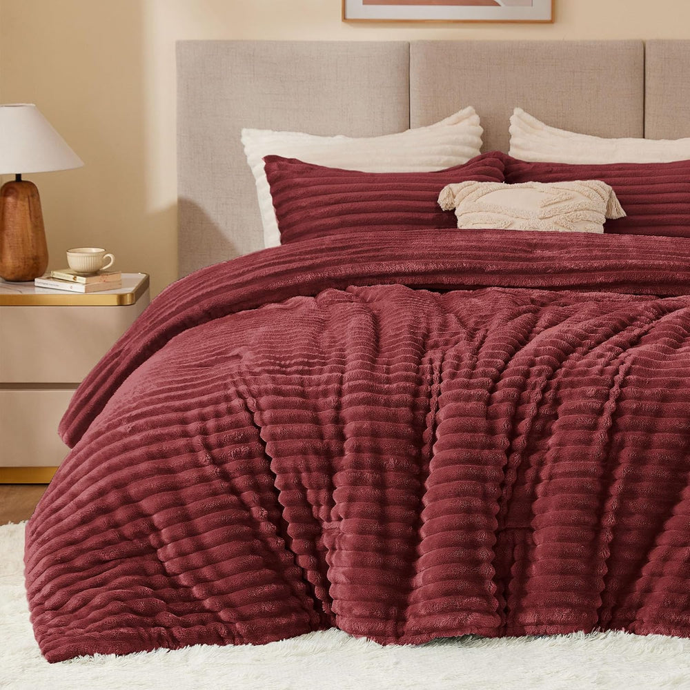 BEDELITE Fleece Queen Comforter Set, Fluffy Bed Set, Burgundy