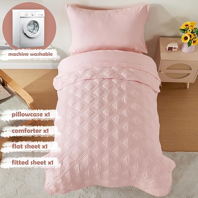 4 Piece Toddler Bedding Set for Girls Pink Geometric Stitched Soft Microfiber - Image 3