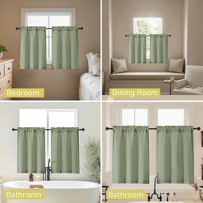 Sage Green Kitchen Curtains 24 Inch Length 2 Panels, Light Filtering Faux Linen - Image 6