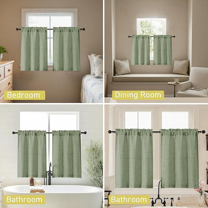 Sage Green Kitchen Curtains 24 Inch Length 2 Panels, Light Filtering Faux Linen - Image 6