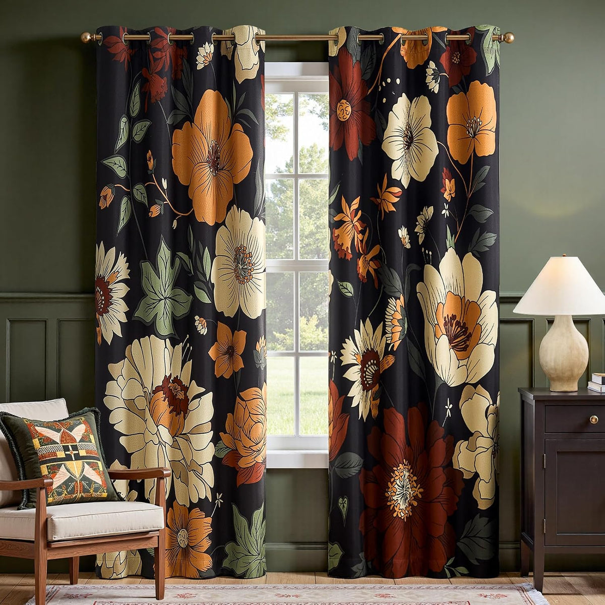 jinchan black boho floral blackout curtains 84 inch, main product view