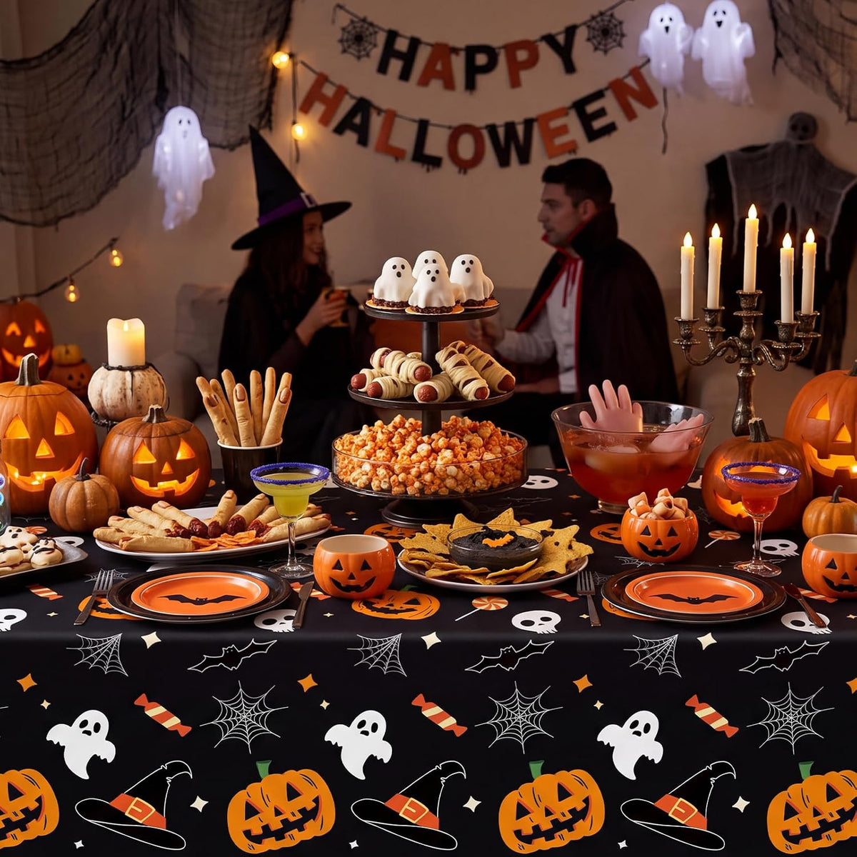 CXPSINC 54 Inch X 300 Feet Plastic Table Cover Roll Disposable Halloween Tablecloth with Slide Cutter Pumpkin Ghost Plastic Table Covers for Halloween Party Decorations(Pumpkin Ghost, 300 Feet)