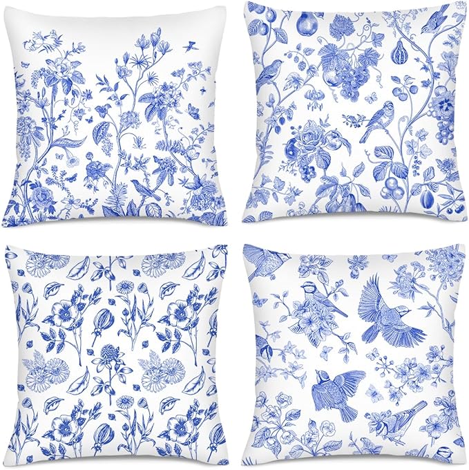 Blue Floral Bird Pillow Covers 18x18 Inch, Chinoiserie Throw Pillow Cases Set by Unknown