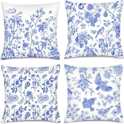 Blue Floral Bird Pillow Covers 18x18 Inch, Chinoiserie Throw Pillow Cases Set by Unknown