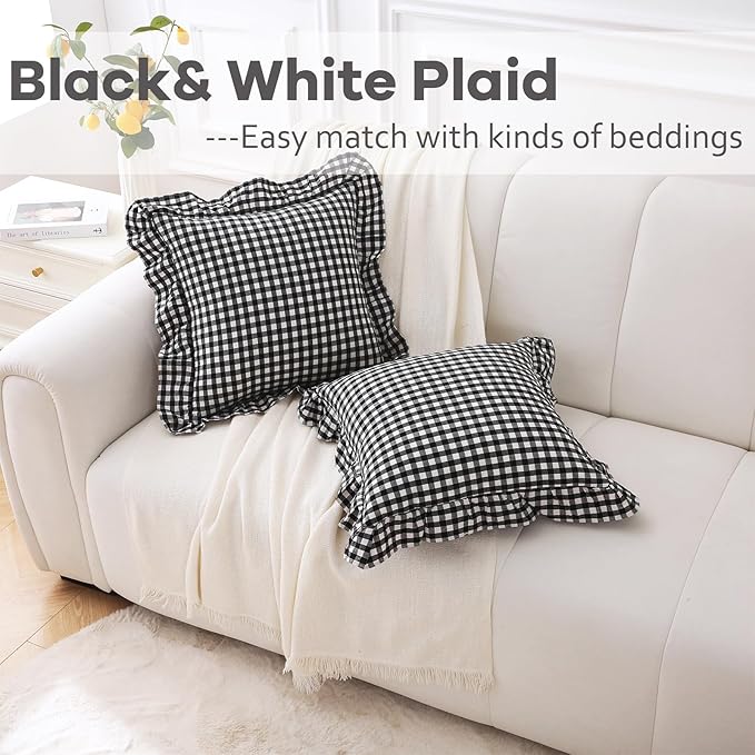 2 Pack Black White Plaid Ruffle Gingham Throw Pillow Covers, 100% Washed Cotton - Image 2