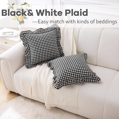 2 Pack Black White Plaid Ruffle Gingham Throw Pillow Covers, 100% Washed Cotton - Image 2