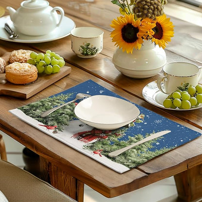 Blue Snowman Christmas Placemats Set of 4 Xmas Tree Cardinal Snowflakes Linen - Image 6