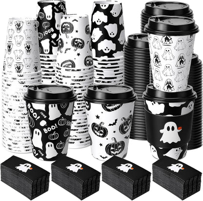 Suclain 100 Sets Halloween Disposable Coffee Cups with Lids & Sleeves, 12 oz Ghost Pumpkin Cat Pattern Paper Cups for Hot Cold Drinks Trick or Treat Party Supplies