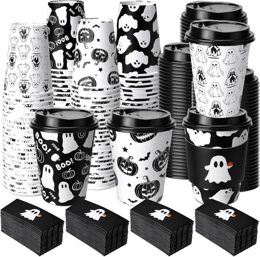 Suclain 100 Sets Halloween Disposable Coffee Cups with Lids & Sleeves, 12 oz Ghost Pumpkin Cat Pattern Paper Cups for Hot Cold Drinks Trick or Treat Party Supplies