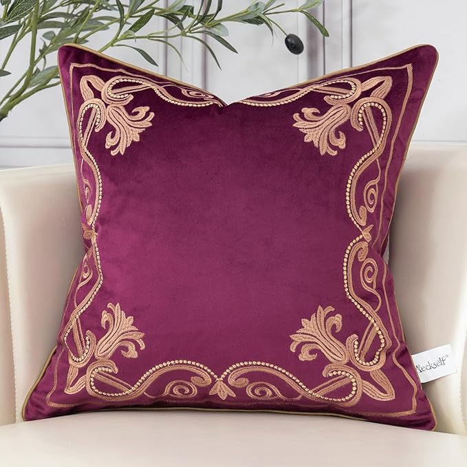 Aeckself Floral Pillow Cover 18x18 Inch, Luxury Velvet Embroidered Decorative by AECKSELF