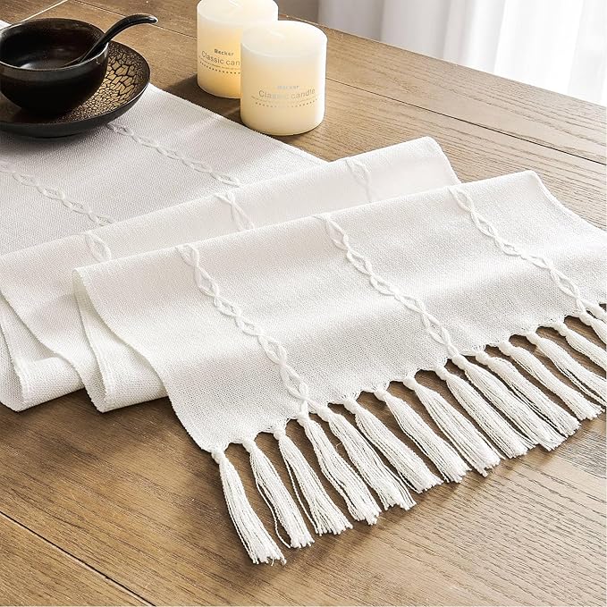 ZeeMart Farmhouse Braided Striped Table Runner, Rustic Ivory Table Runners 90 - Image 7