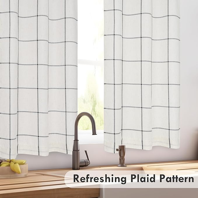 DriftAway Kitchen Curtains Striped Tier Linen Short Curtains Windowpane Plaid - Image 7