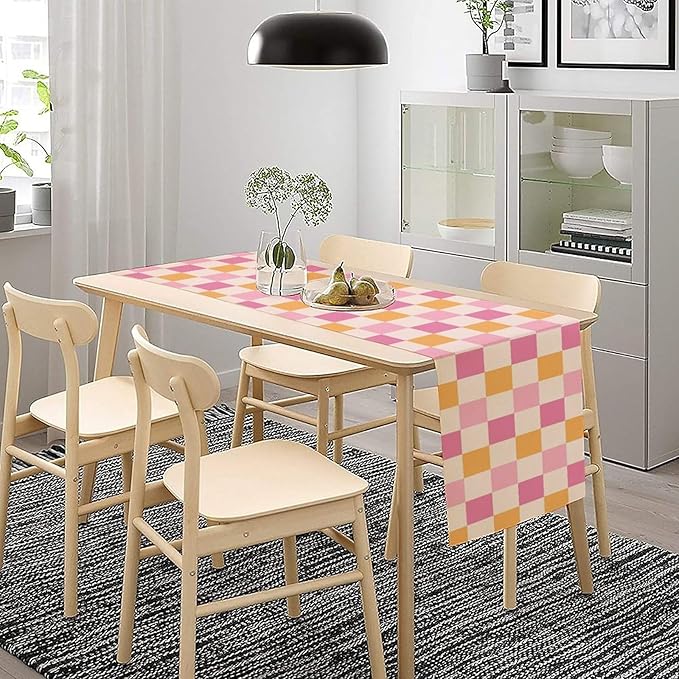 Pink Checkered Table Runner, Vintage 70s Abstract Cute Modern Hippie Table - Image 2