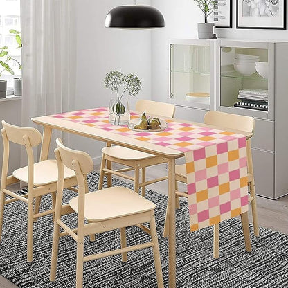 Pink Checkered Table Runner, Vintage 70s Abstract Cute Modern Hippie Table - Image 2
