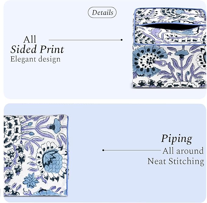 CPC Indigo Blue Hand Block Printed Cotton Tissue Box Cover 5" x 5" x 5.5" - Image 5