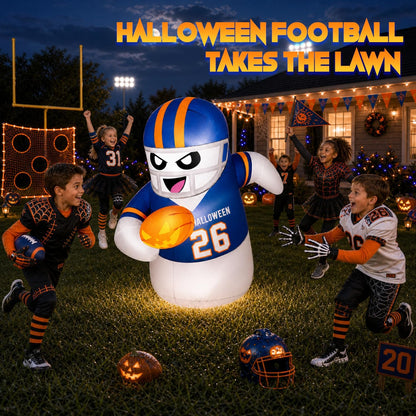 5FT Halloween Inflatables Decorations Outdoor Football Player Ghost Built-in Full-Body Bright LEDs Cute Halloween Blow Up Yard Decoration with Pumpkin Sports-Themed Blowups Lawn for Party