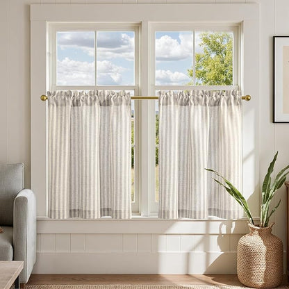 jinchan Striped Linen Kitchen Curtains 24 Inches Tier Curtains Farmhouse Modern by JINCHAN
