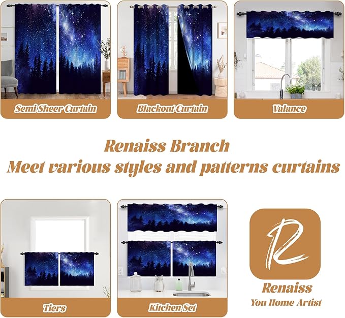 Renaiss 26 x 63 Inch Starry Night Sky Blackout Curtains Twinkle Star Forests - Image 7