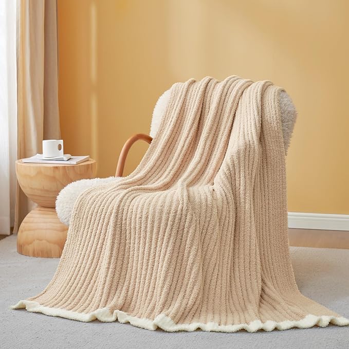 Snuggle Sac Fluffy Ribbed Beige Blanket Twin Size, Soft Luxurious Knit Fuzzy - Image 8