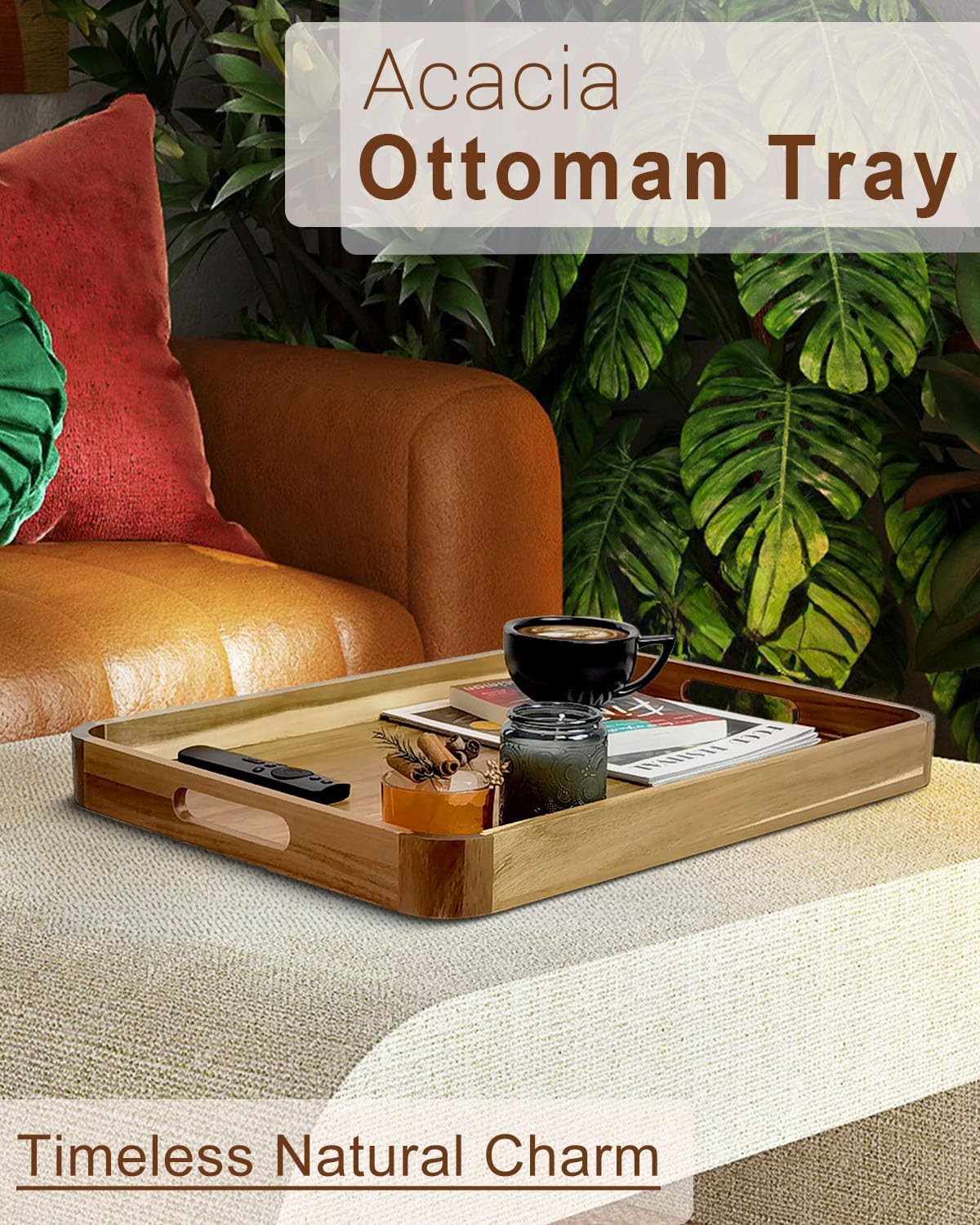 22 inch wooden serving tray, acacia ottoman tray, close-up detail
