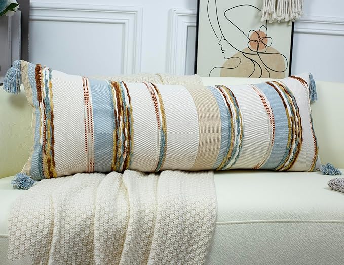 PANOD Boho Long Lumbar Throw Pillow Cover 16 x 36 Light Blue, Chenille Morocan - Image 2