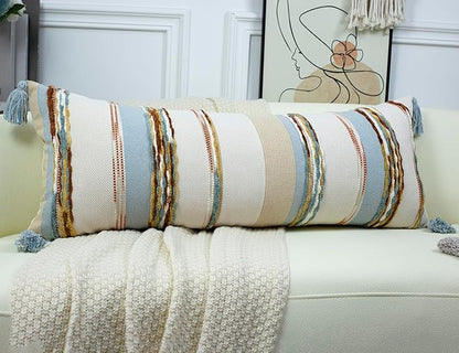 PANOD Boho Long Lumbar Throw Pillow Cover 16 x 36 Light Blue, Chenille Morocan - Image 2