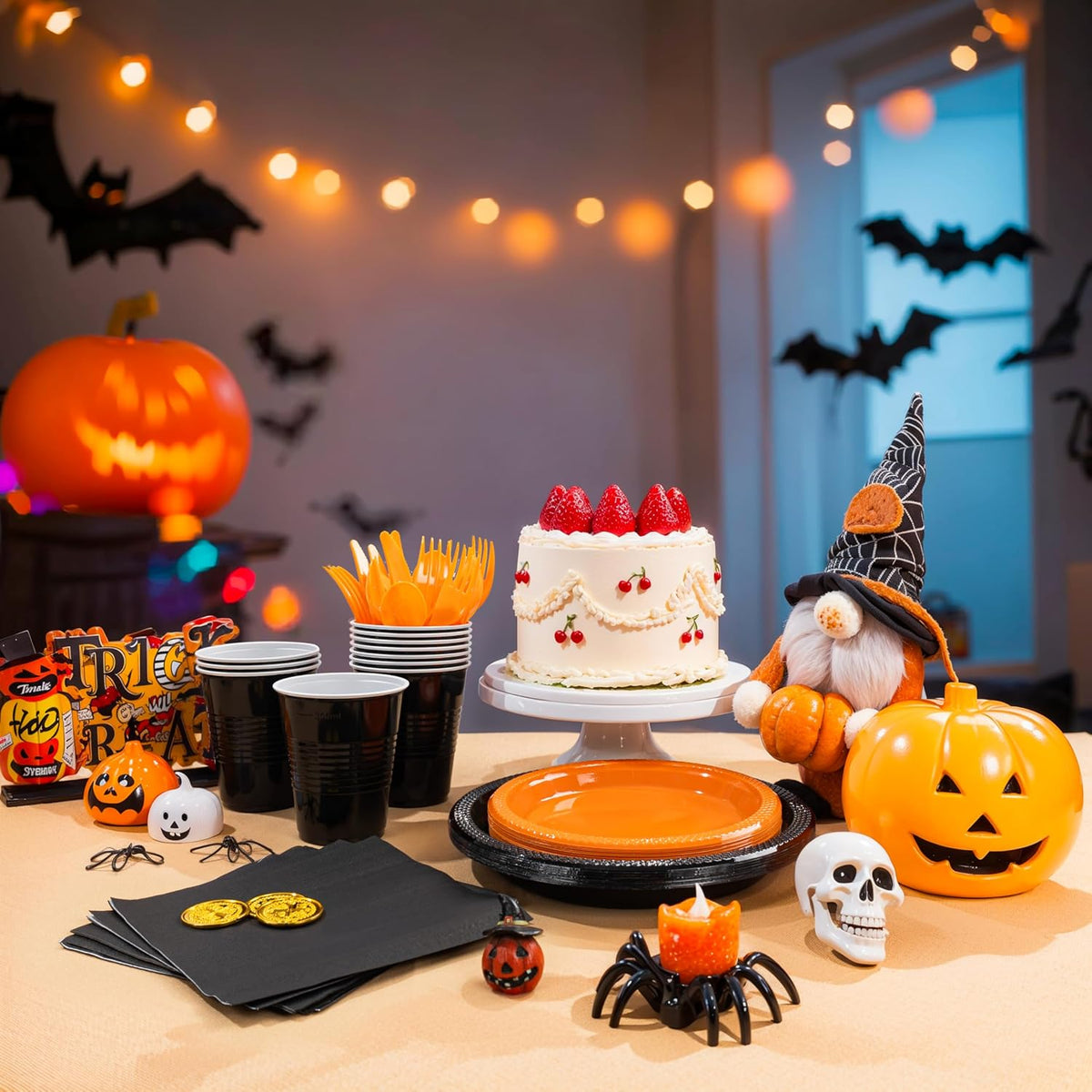 LUODA MirthMood 350PCS black and orange Plastic Plates,Black Disposable Plates –Plastic Plates Set Includes 50 Dinner,50 Dessert Plate,50 Cup&50 Napkins, 50 orange Silverware for Parties&Halloween