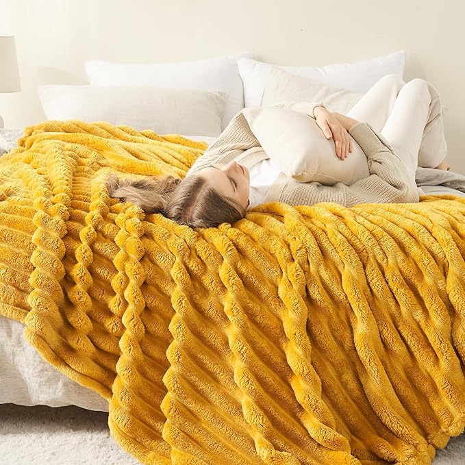 NEWCOSPLAY Super Soft King Blanket Mustard Yellow Premium Silky Flannel Fleece - Image 3